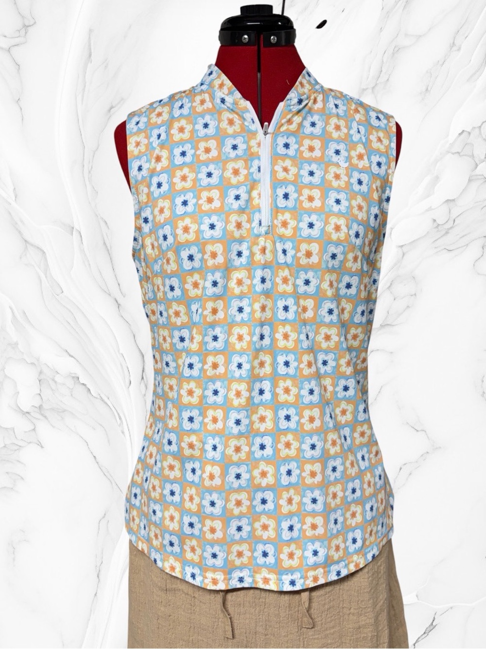 Bad birdie Geo Floral Zip-Up Sleeveless Tank Top in Blue & Yellow